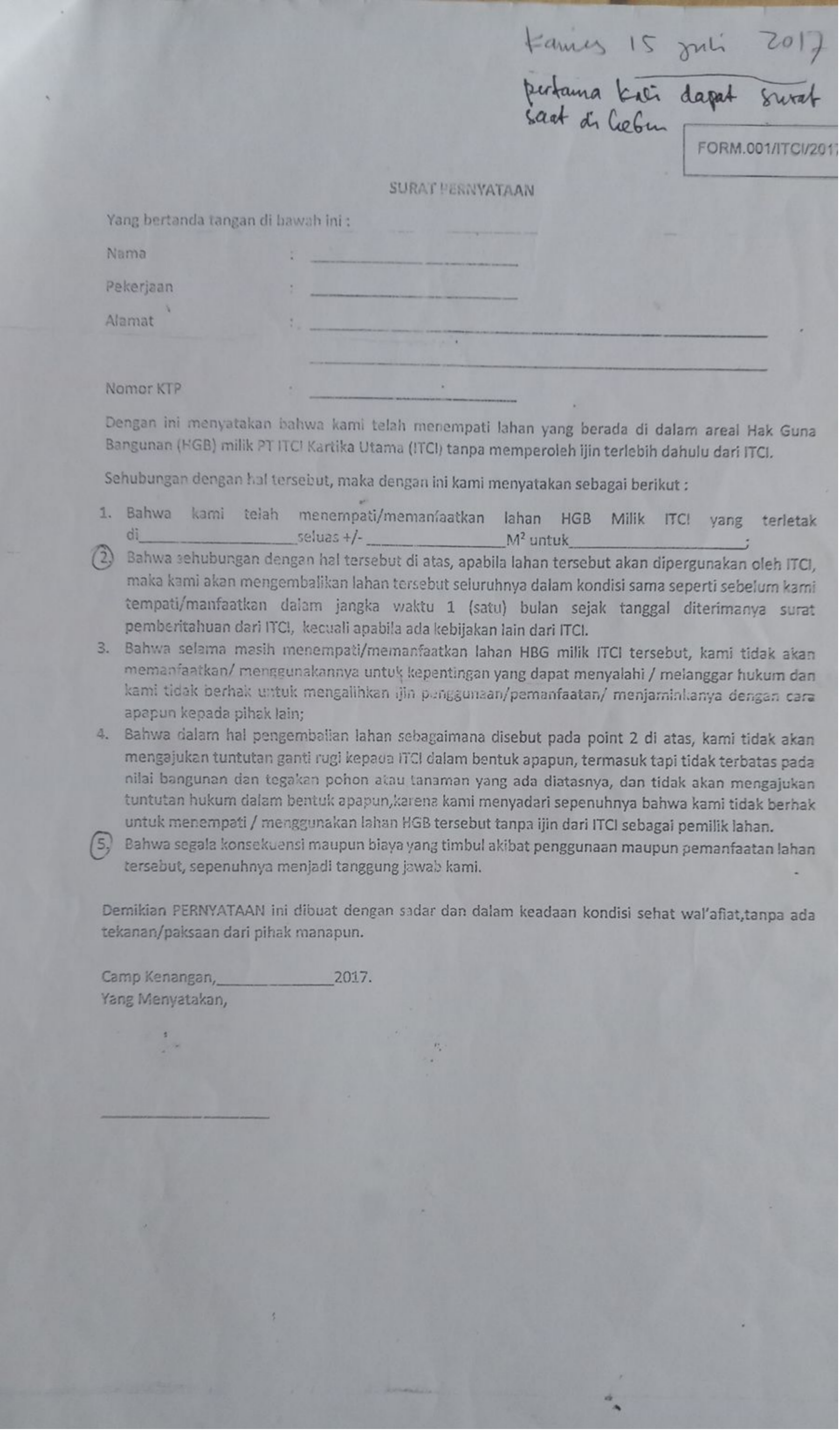 Surat pernyataan yang pertama kali PT ITCHI KU bagikan ke warga Desa Telemow yang dianggap menempati HGB mereka. Pertama kali dibagikan pada 2017, perusahaan meminta warga menyepakati 5 poin dalam surat pernyataan itu. Salah satunya, sebagaimana tercantum di poin pertama, mengakui lahan yang mereka tempati ialah HGB PT ITCHI. [Istimewa.]